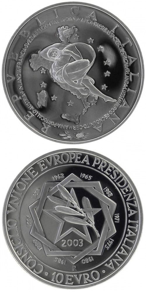 Image of 10 euro coin - Presidency of the European Union  | Italy 2003.  The Silver coin is of Proof, BU quality.