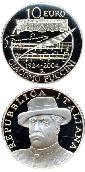 Image of 10 euro coin - 80. anniversary of the death of Giacomo Puccini | Italy 2004.  The Silver coin is of Proof, BU quality.