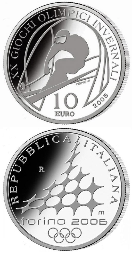 Image of 10 euro coin - XX. Olympic Winter Games 2006 in Turin - Alpine Skiing - Downhill skiing | Italy 2005.  The Silver coin is of Proof quality.