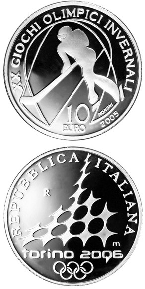 Image of 10 euro coin - XX. Olympic Winter Games 2006 in Turin - Ice hockey | Italy 2005.  The Silver coin is of Proof quality.