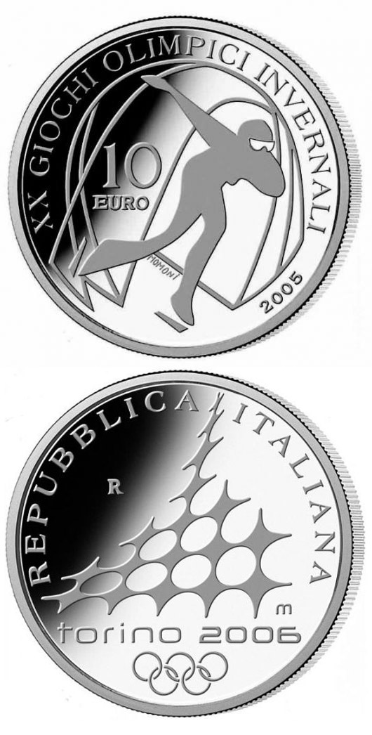 Image of 10 euro coin - XX. Olympic Winter Games 2006 in Turin - Speed Skating | Italy 2005.  The Silver coin is of Proof quality.