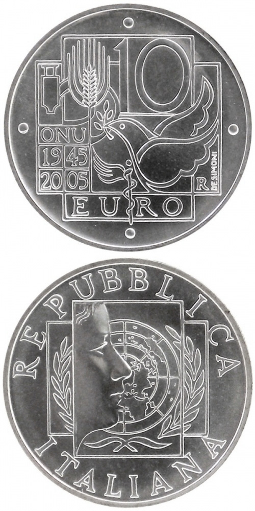 Image of 10 euro coin - 60 years United Nations | Italy 2005.  The Silver coin is of BU quality.