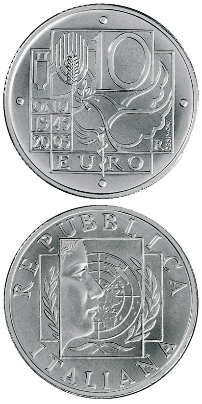 Image of 10 euro coin - 60 years Peace and Freedom | Italy 2005.  The Silver coin is of Proof quality.