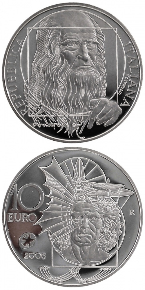 Image of 10 euro coin - Leonardo da Vinci | Italy 2006.  The Silver coin is of Proof quality.