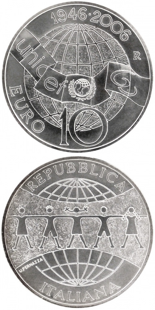 Image of 10 euro coin - 60 years UNICEF | Italy 2006.  The Silver coin is of BU quality.