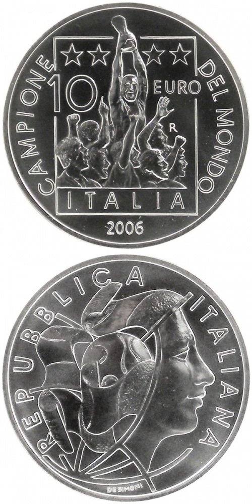 Image of 10 euro coin - Italy World Champion 2006  | Italy 2006.  The Silver coin is of BU quality.