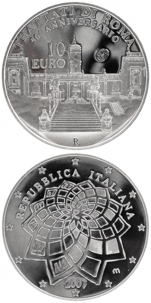 Image of 10 euro coin - 50 Years Treaty of Rome | Italy 2007.  The Silver coin is of Proof quality.