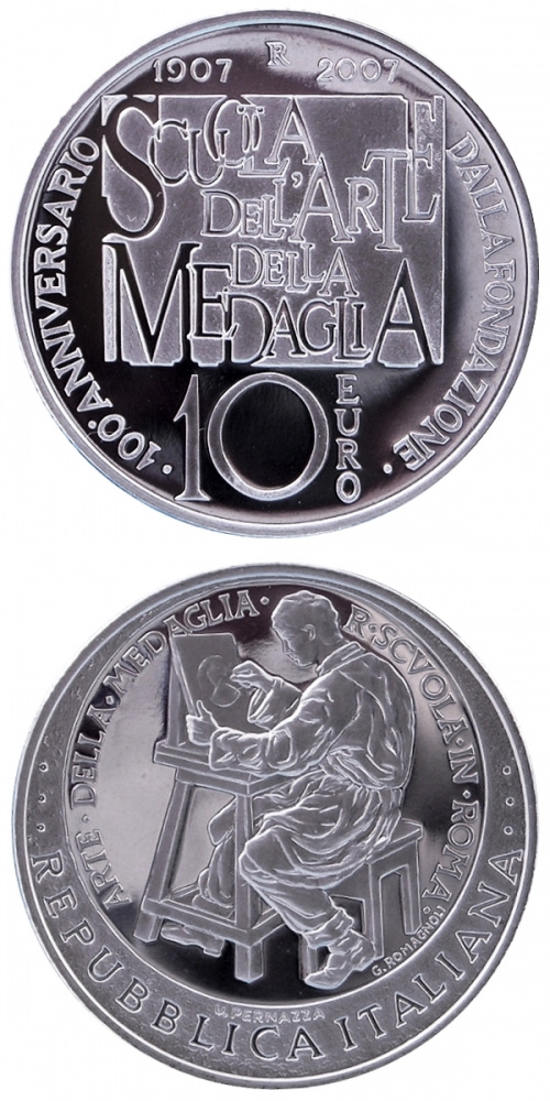 Image of 10 euro coin - 100th anniversary school of art of the medal | Italy 2007.  The Silver coin is of Proof quality.