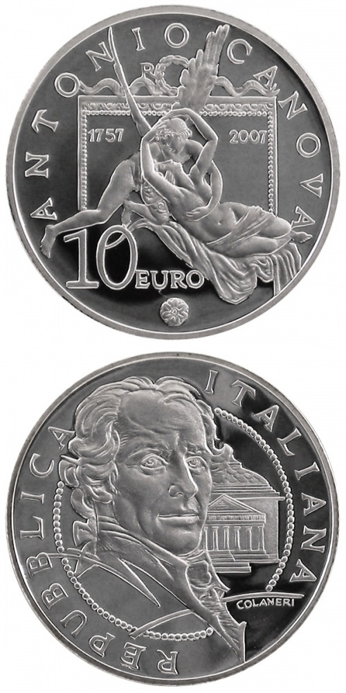 Image of 10 euro coin - 250. birthday of Antonio Canova | Italy 2007.  The Silver coin is of Proof quality.