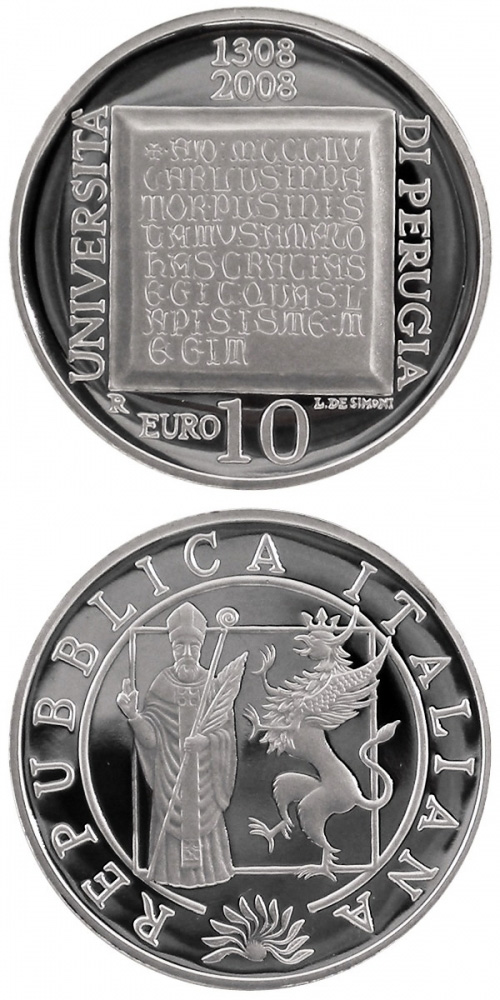 Image of 10 euro coin - 700 years University of Perugia | Italy 2008.  The Silver coin is of Proof quality.