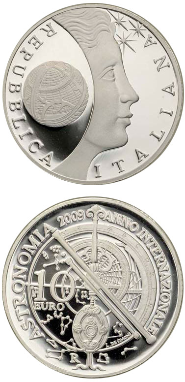 Image of 10 euro coin - International Year of Astronomy | Italy 2009.  The Silver coin is of Proof quality.