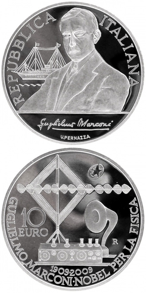 Image of 10 euro coin - 100th anniversary of the Nobel prize to Guglielmo Marconi | Italy 2009.  The Silver coin is of Proof quality.
