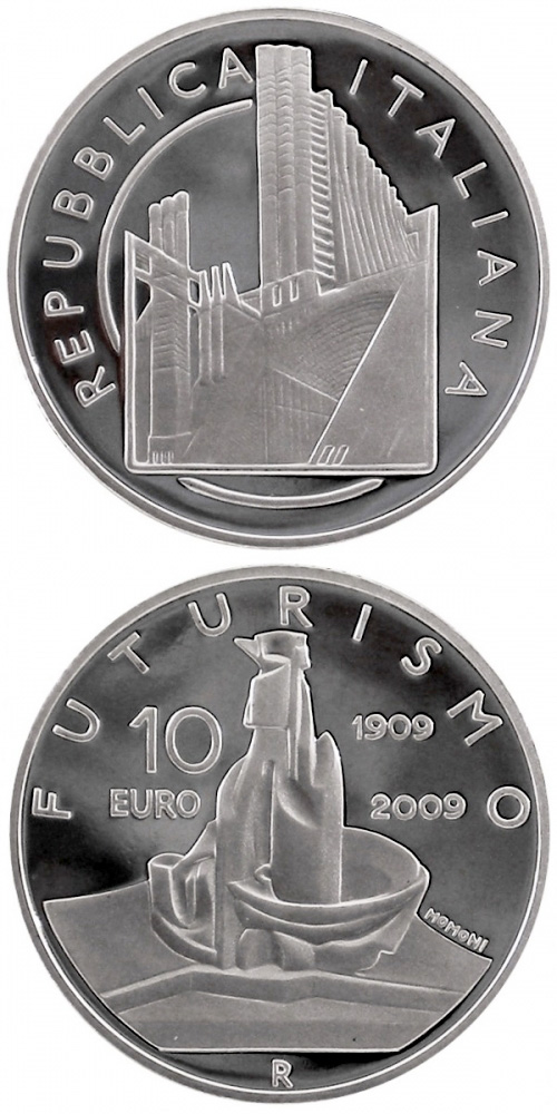 Image of 10 euro coin - 100 years Founding of the Futurist movement | Italy 2009.  The Silver coin is of Proof quality.