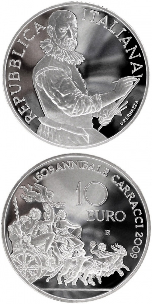 Image of 10 euro coin - 400th Anniversary of the death of Annibale Carracci | Italy 2009.  The Silver coin is of Proof quality.