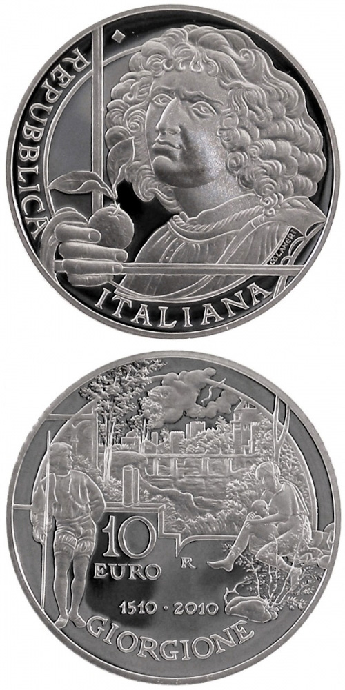 Image of 10 euro coin - 500th anniversary of the death of painter Giorgione  | Italy 2010.  The Silver coin is of Proof quality.