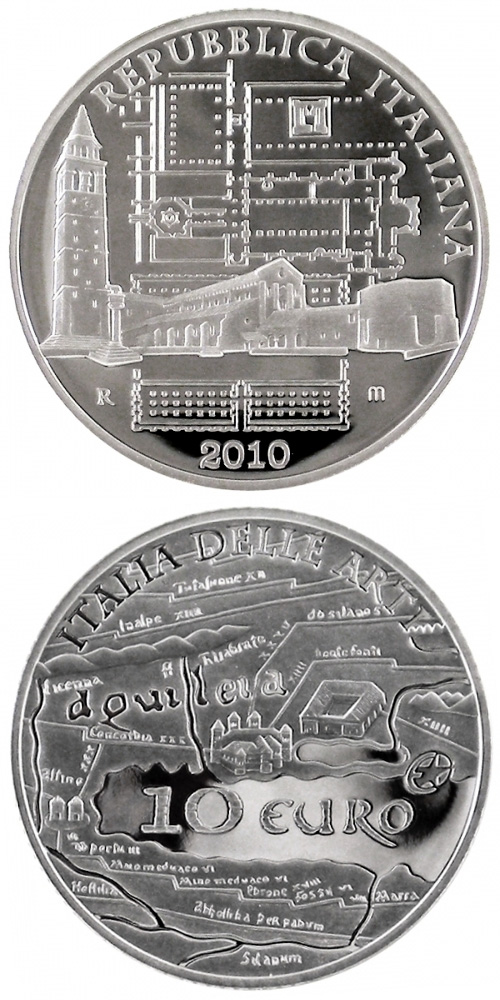 Image of 10 euro coin - Italy of Arts – Roman city of Aquileia.  | Italy 2010.  The Silver coin is of Proof quality.