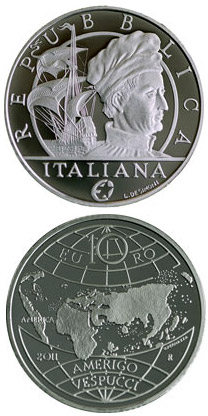 Image of 10 euro coin - Amerigo Vespucci  | Italy 2011.  The Silver coin is of Proof quality.