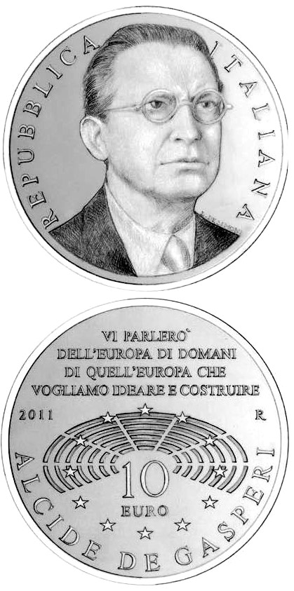 Image of 10 euro coin - Alcide De Gasperi  | Italy 2011.  The Silver coin is of Proof quality.