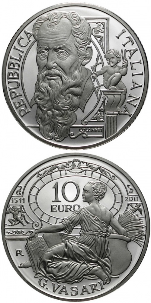Image of 10 euro coin - 500th anniversary of the birth of Giorgio Vasari | Italy 2011.  The Silver coin is of Proof quality.