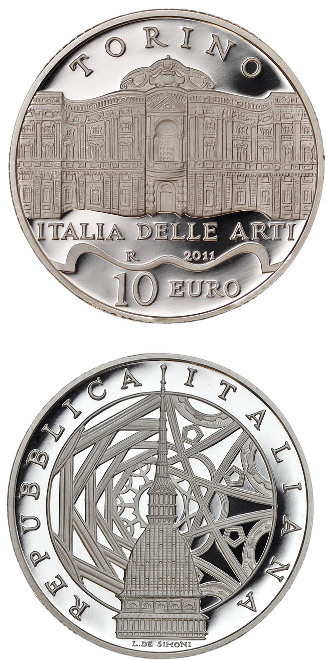 Image of 10 euro coin - Italy of Arts – Torino | Italy 2011.  The Silver coin is of Proof quality.