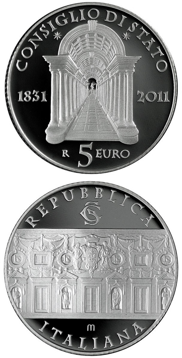 Image of 5 euro coin - 180th Anniversary of the Italian Council of State  | Italy 2011