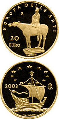 Image of 20 euro coin - Europe of the Arts - Marino Marini - Italy | Italy 2003.  The Gold coin is of Proof quality.