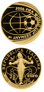Image of 20 euro coin - FIFA Football World Cup 2006 in Germany | Italy 2004.  The Gold coin is of Proof quality.