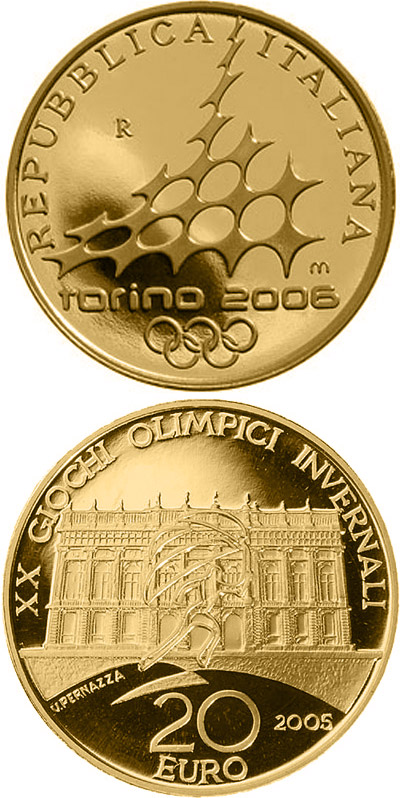 Image of 20 euro coin - XX. Olympic Winter Games 2006 in Turin - Palazzo Madame | Italy 2005.  The Gold coin is of Proof quality.