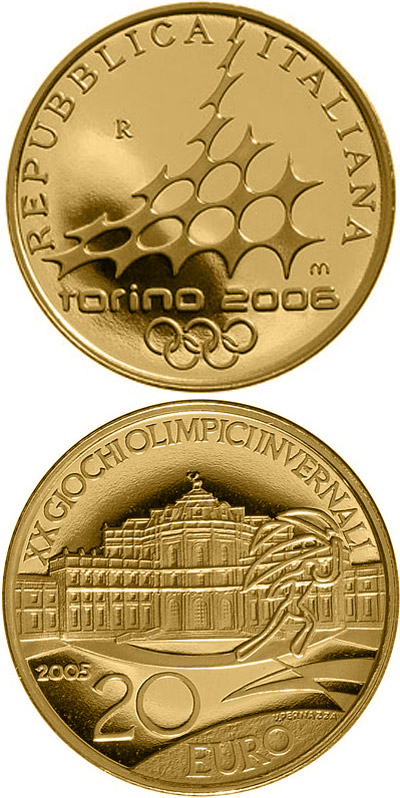 Image of 20 euro coin - XX. Olympic Winter Games 2006 in Turin - Hunting lodge Stupinigi | Italy 2005.  The Gold coin is of Proof quality.