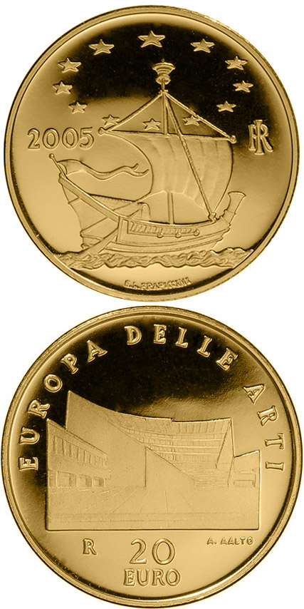Image of 20 euro coin - Europe of the Arts - Alvar Aalto - Finland | Italy 2005.  The Gold coin is of Proof quality.