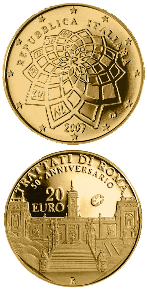 Image of 20 euro coin - 50 Years Treaty of Rome | Italy 2007.  The Gold coin is of Proof quality.