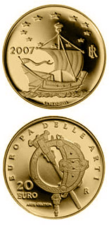 Image of 20 euro coin - Europe of the Arts - Celtic art - Ireland | Italy 2007.  The Gold coin is of Proof quality.