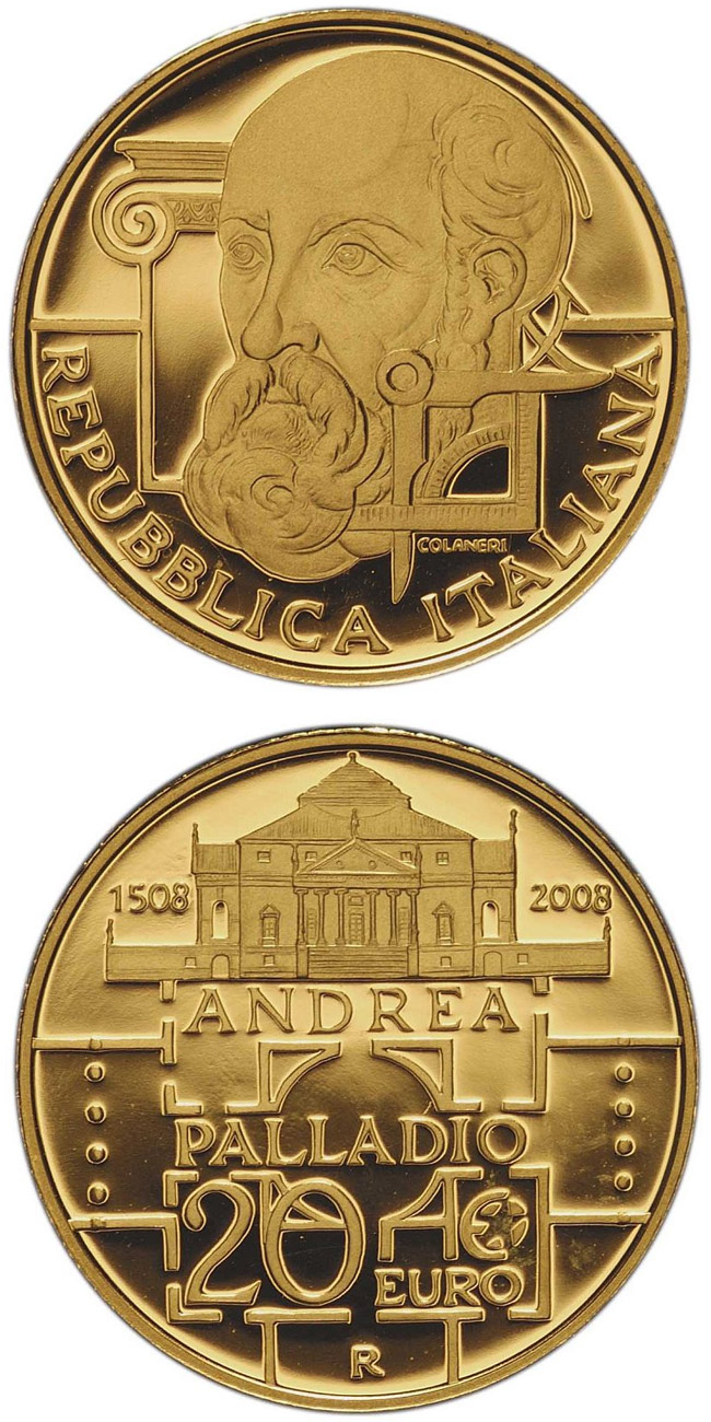 Image of 20 euro coin - 500. birthday of Andrea Palladio | Italy 2008.  The Gold coin is of Proof quality.