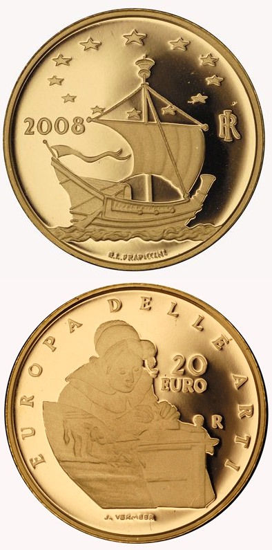 Image of 20 euro coin - Europe of the Arts - Jan Vermeers - the Netherlands | Italy 2008.  The Gold coin is of Proof quality.