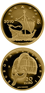 Image of 20 euro coin - Europe of the Arts – Sweden | Italy 2010.  The Gold coin is of Proof quality.