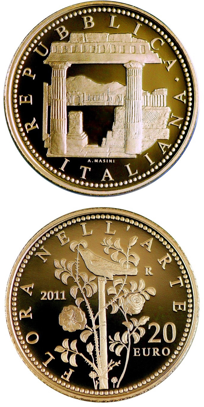 Image of 20 euro coin - Flora in the Art | Italy 2011.  The Gold coin is of Proof quality.