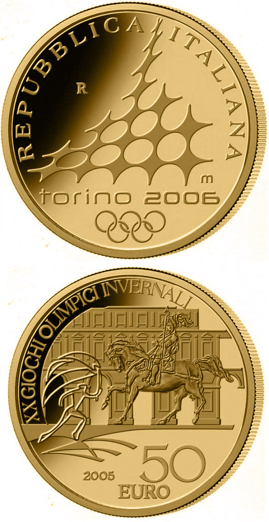 Image of 50 euro coin - XX. Olympic Winter Games 2006 in Turin - Equestrian statue Emanuele di Savoia | Italy 2005.  The Gold coin is of Proof quality.