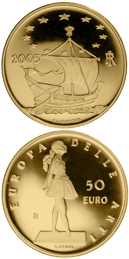 Image of 50 euro coin - Europe of the Arts - Edgar Degas - France | Italy 2005.  The Gold coin is of Proof quality.