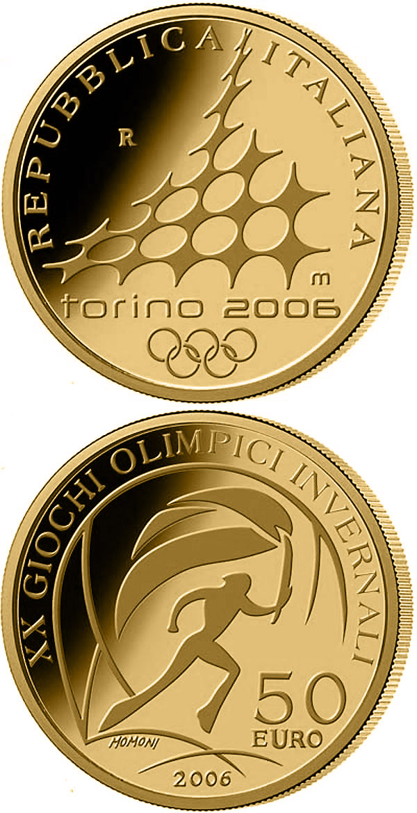 Image of 50 euro coin - XX. Olympic Winter Games 2006 in Turin - Torch Relay | Italy 2006.  The Gold coin is of Proof quality.