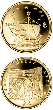 Image of 50 euro coin - Europe of the Arts - Edvard Munch - Norway | Italy 2007.  The Gold coin is of Proof quality.