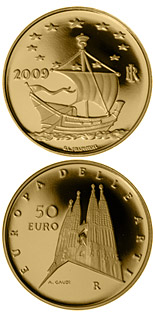 Image of 50 euro coin - Europe of the Arts - Antoni Gaudi - Spain | Italy 2009.  The Gold coin is of Proof quality.