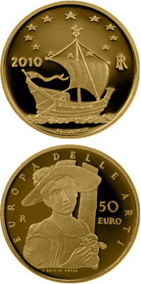 Image of 50 euro coin - Europe of the Arts – Hungary | Italy 2010.  The Gold coin is of Proof quality.