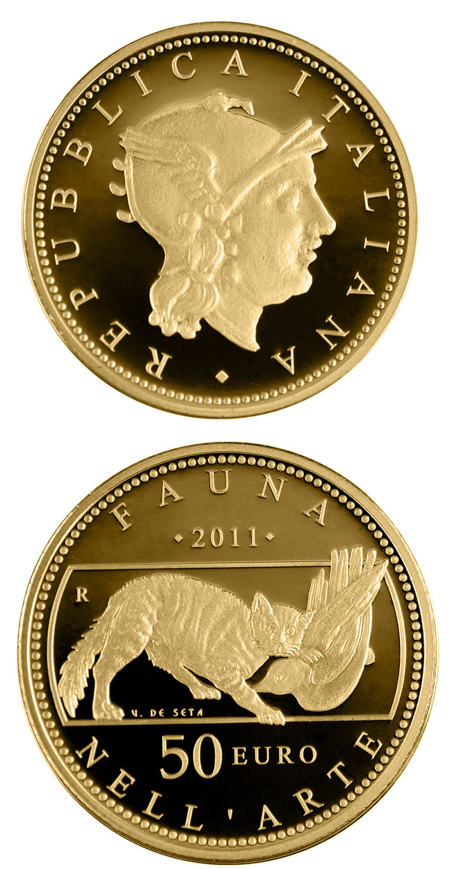 Image of 50 euro coin - Fauna in the Art | Italy 2011.  The Gold coin is of Proof quality.