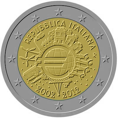 Image of 2 euro coin - Ten years of Euro  | Italy 2012