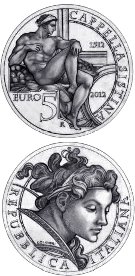 Image of 5 euro coin - 500th Anniversary of the Unveiling of the Sistine Chapel Frescoes | Italy 2012
