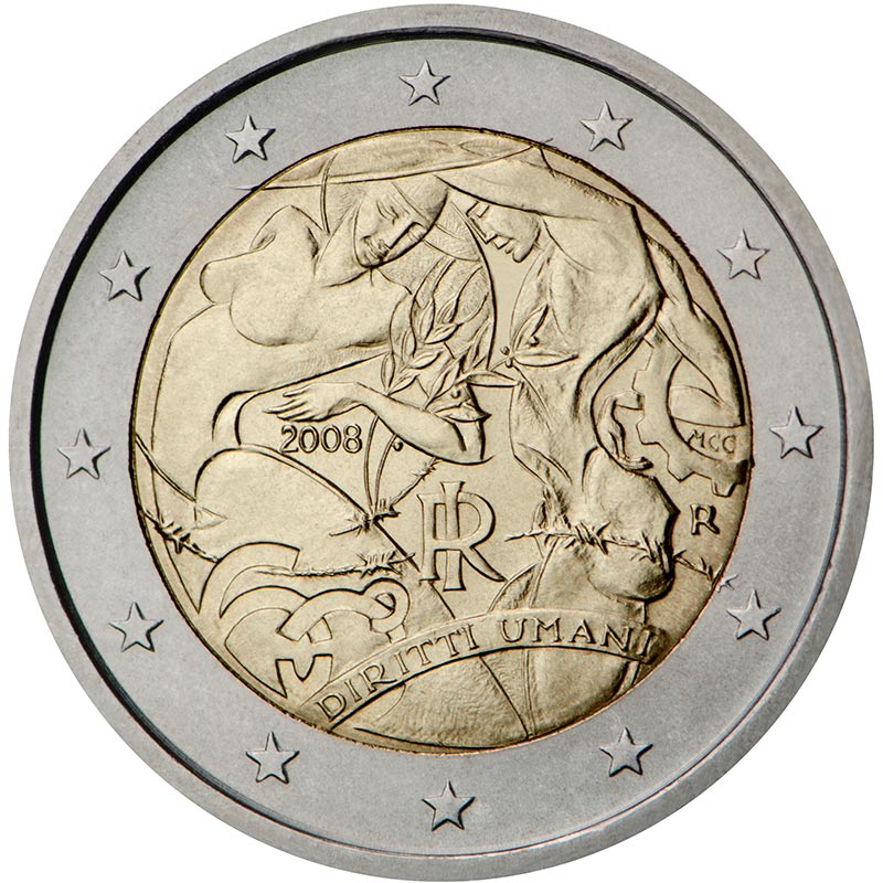Image of 2 euro coin - 60th Anniversary of the Universal Declaration of Human Rights | Italy 2008