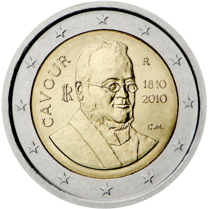 Image of 2 euro coin - 200th anniversary of birth of Camillo Benso | Italy 2010