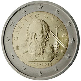 Image of 2 euro coin - 450th Anniversary of the birth of Galileo Galilei | Italy 2014
