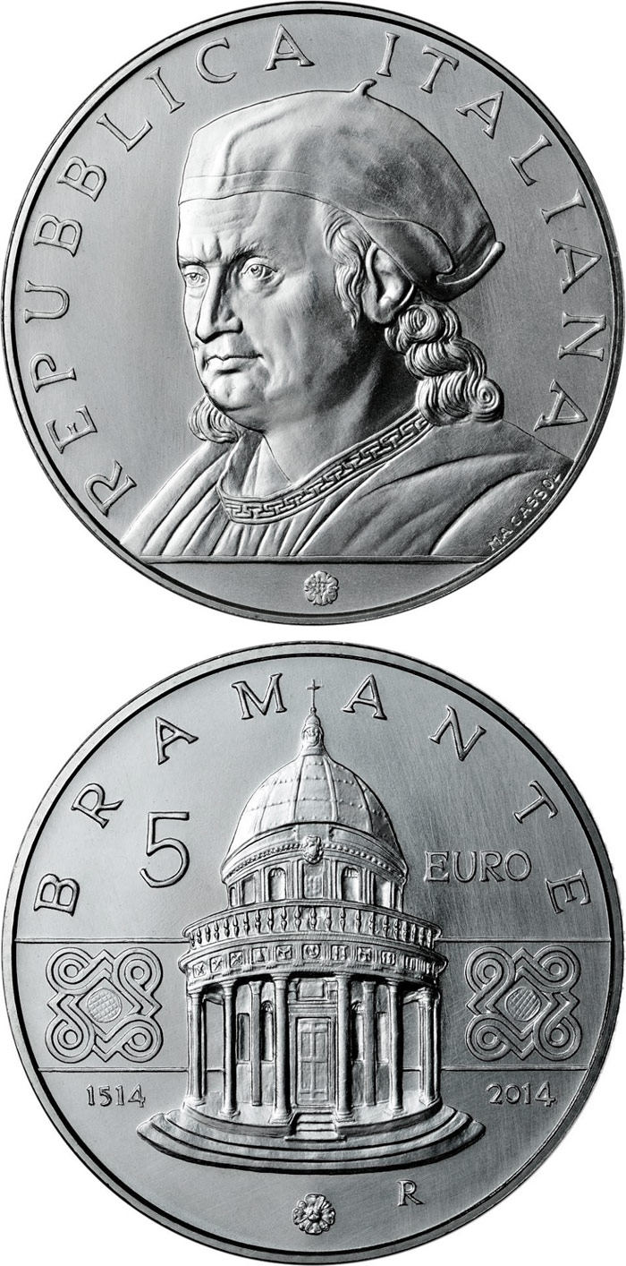 Image of 5 euro coin - 500th Anniversary of the Death of Donato Bramante | Italy 2014