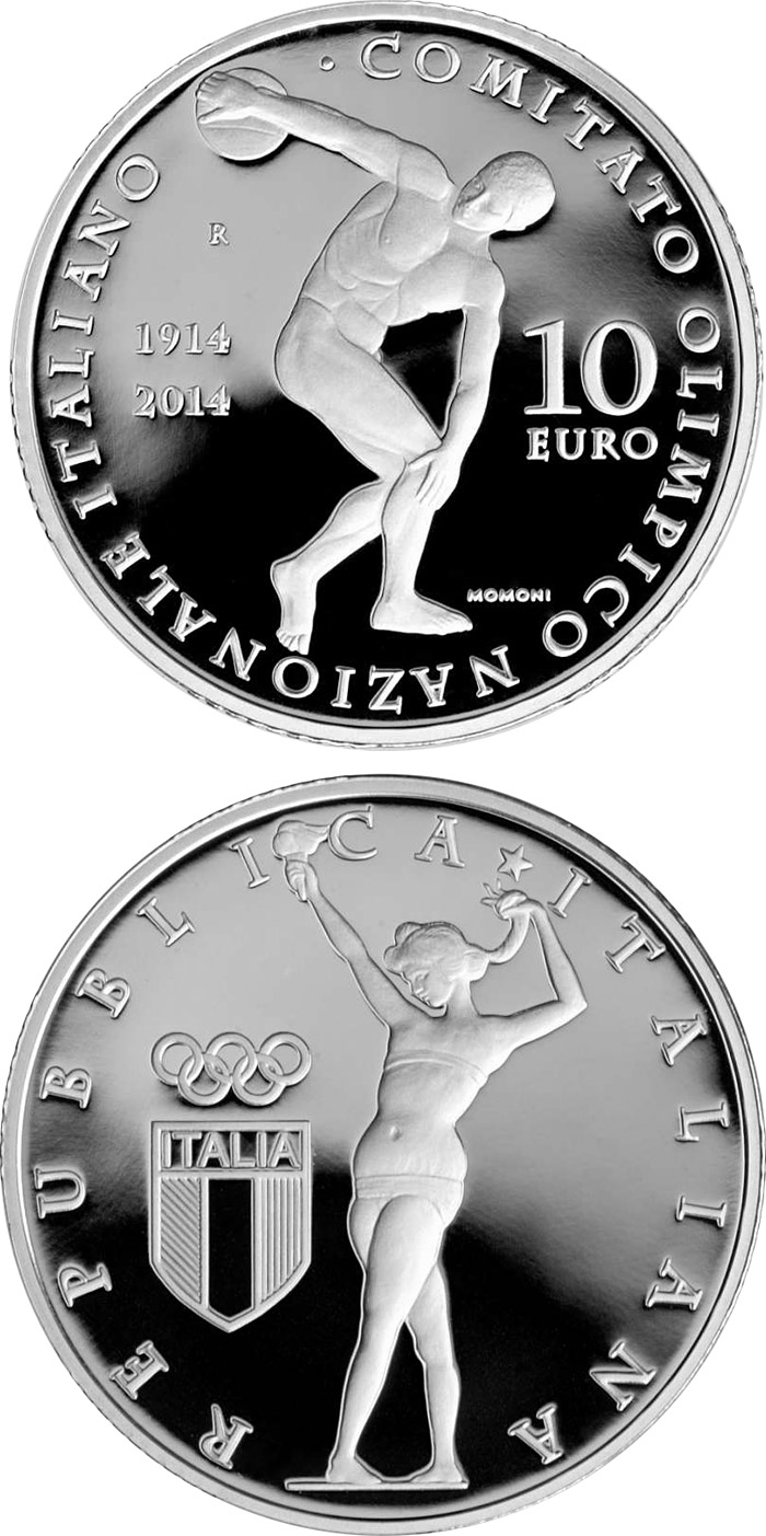 Image of 10 euro coin - 100th Anniversary of the Foundation of the Italian National Olympic Committee | Italy 2014